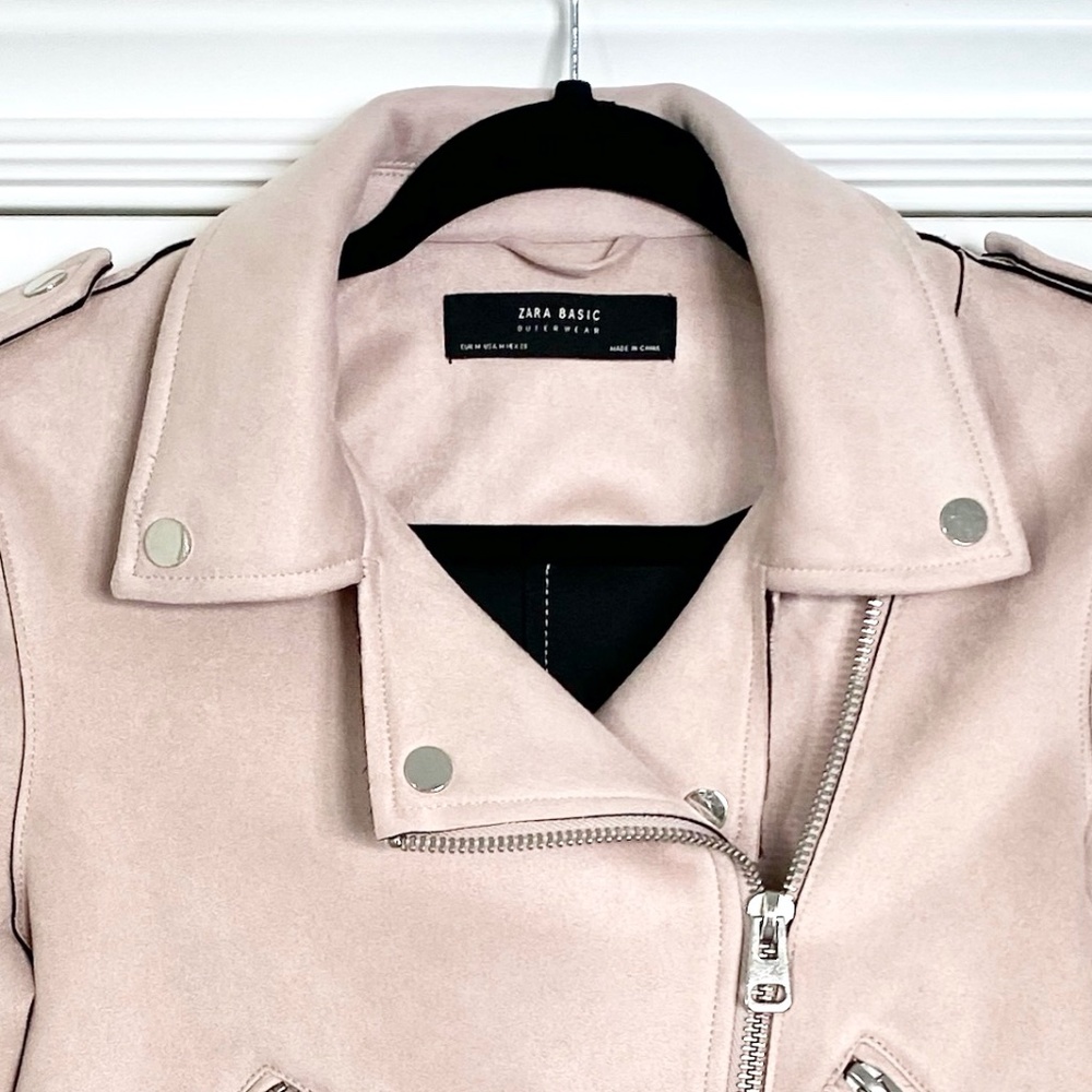 Zara Faux Suede Blush Pink Moto Jacket - Size M - Picture 8 of 9